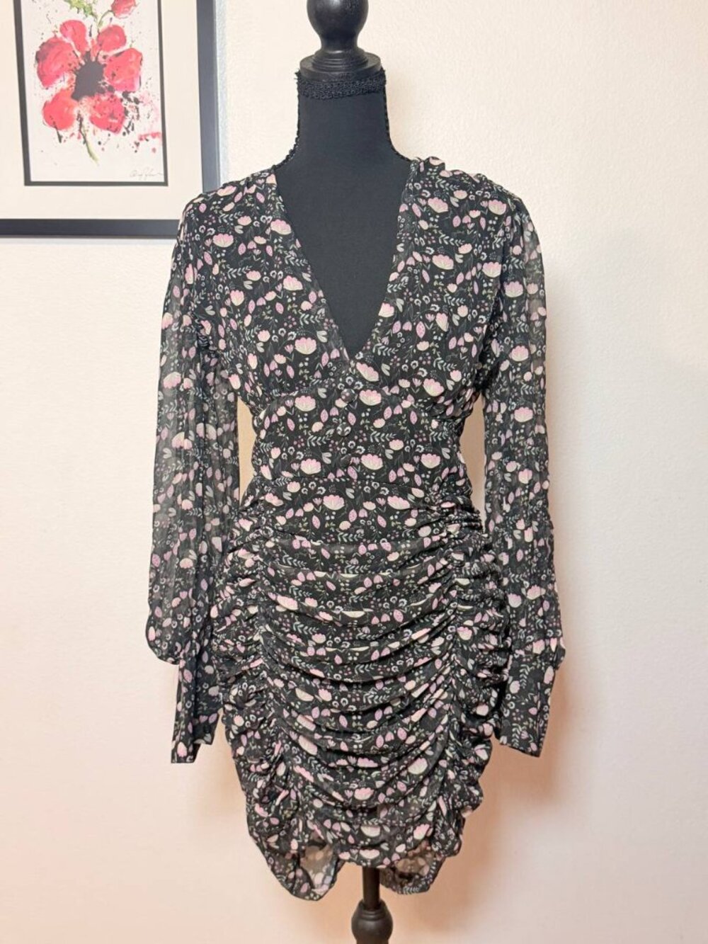 Black Floral Ruched Mesh Mini Dress Long Sleeve V-Neck Boho Cottagecore Sz S/M